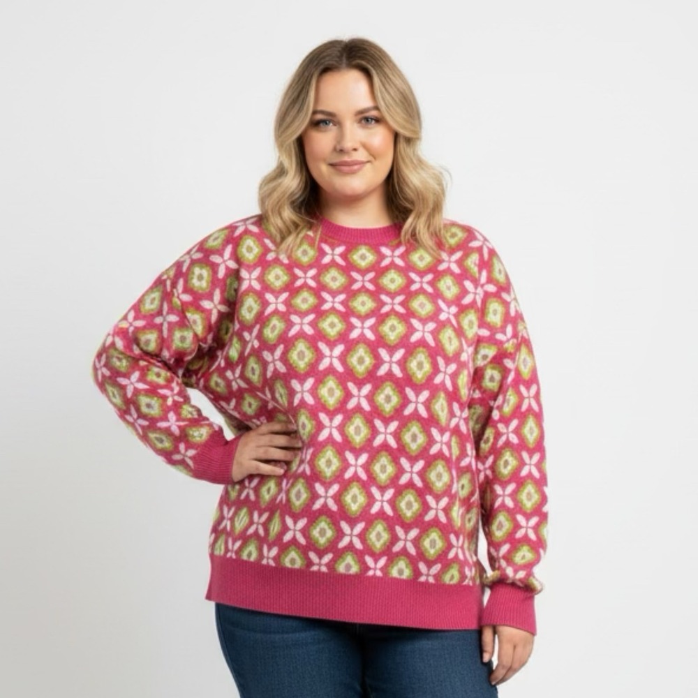 Sun-deh Pink Green Geometric Floral Wool Cotton Sweater Crew‎ Neck Rib Waist